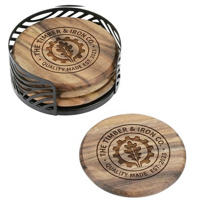 Acacia Wood 4-Piece Coaster Set in Metal Stand